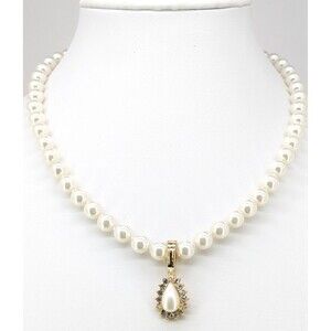Vintage Regency Necklace Faux Pearl Rhinestone Teardrop Enhancer Gold Tone 19in